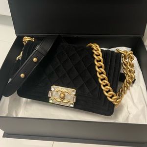 Chanel Small Boy Flap Bag Black Velvet
Emerald-Cut Crystal Clasp GHW